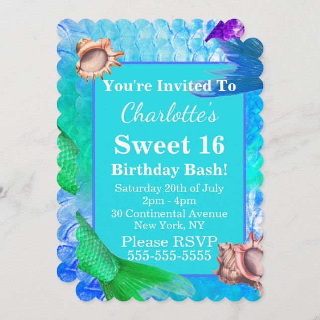 Mermaid Tails & Conch Shells Sweet 16 Party Invitation (Front/Back)