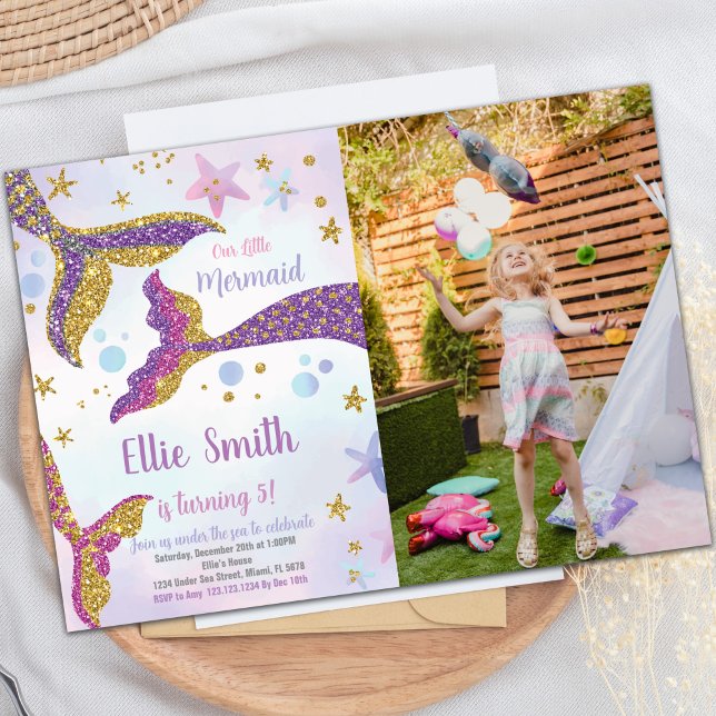 Mermaid Tails Glitter Birthday Invitation (Mermaid Tails Glitter Birthday Invitations w photo)