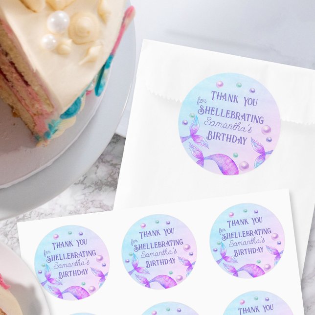 Mermaid Tails Thank You for Shellebrating Birthday Classic Round Sticker (Creator Uploaded)