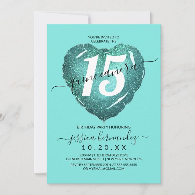 Mermaid Teal Glitter Heart Balloon Quinceañera Invitation (Front)