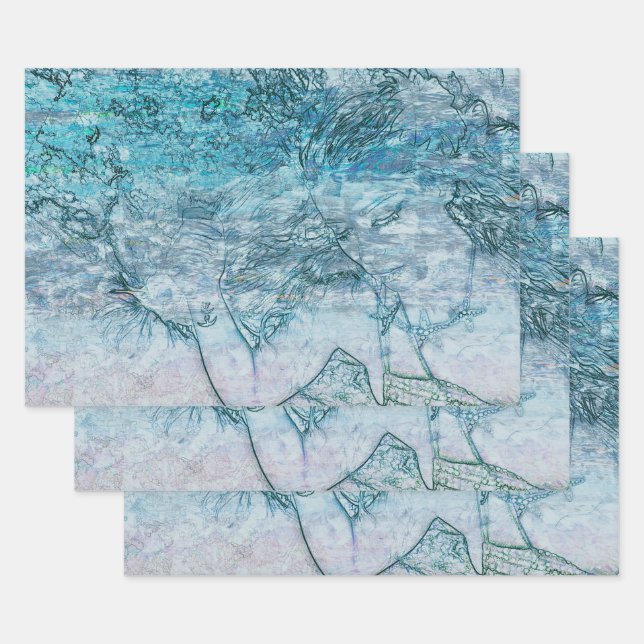Mermaid Teal Green Nautical Ocean Waves Decoupage Wrapping Paper Sheet (Set)