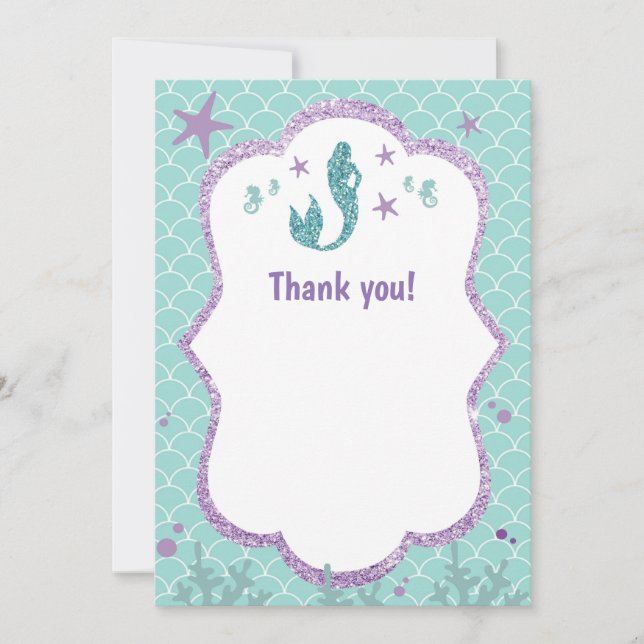 Mermaid Thank You Card Notes Purple Teal Glitter (Front)