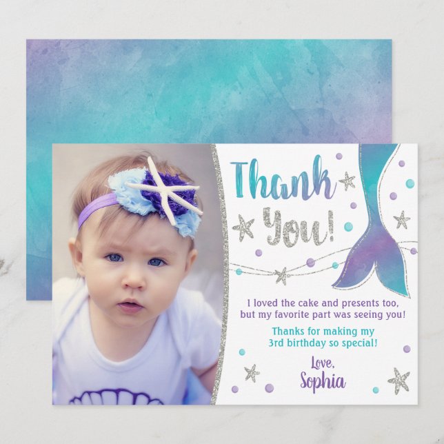 Mermaid Thank You Card - Under the Sea Thank You (Front/Back)