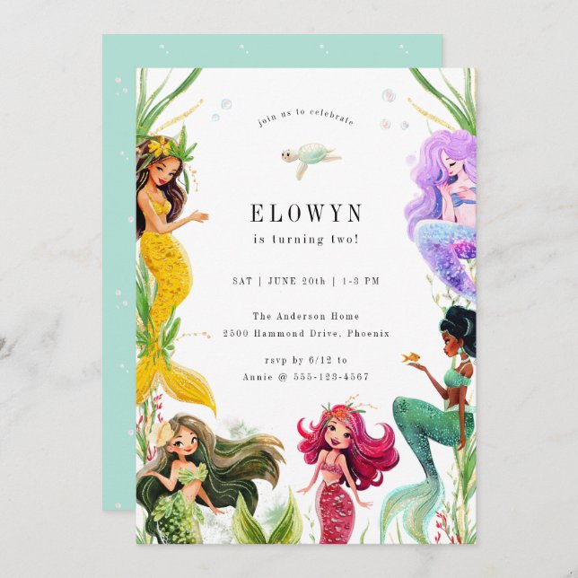 Mermaid Theme Birthday Party Invitation (Front/Back)