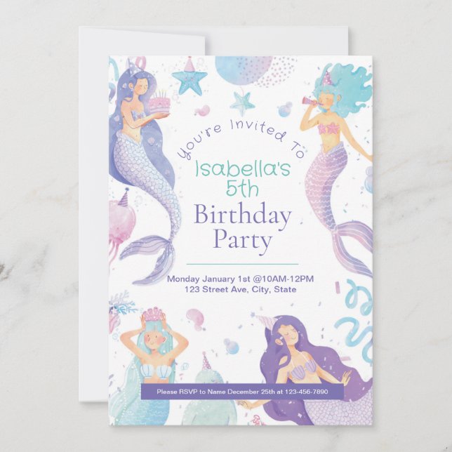 Mermaid Theme Kid's Birthday Party Invitation Card (Front)