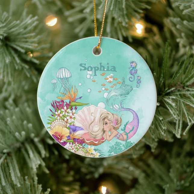Mermaid Theme Pink Blue Cute Ceramic Ornament (Tree)