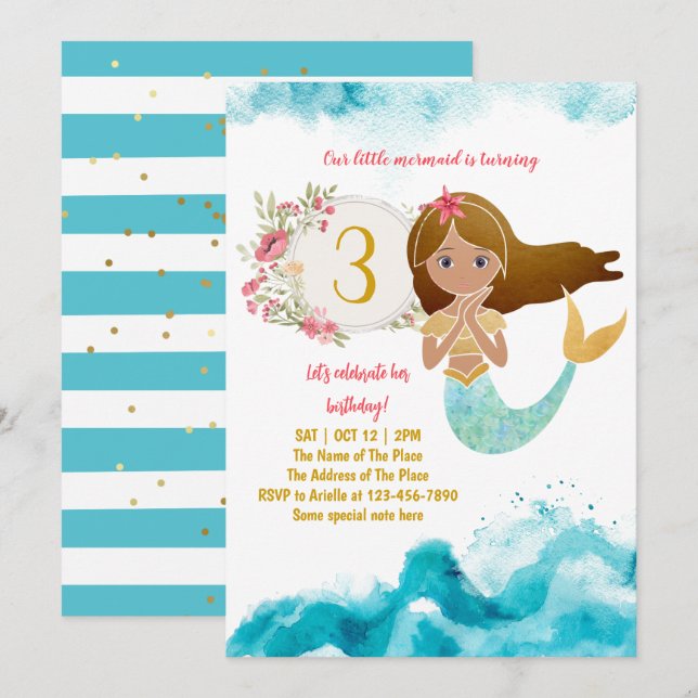 Mermaid Theme Under The Sea Baby Girl 3rd Birthday Invitation (Front/Back)