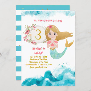 Mermaid Theme Under The Sea Baby Girl 3rd Birthday Invitation