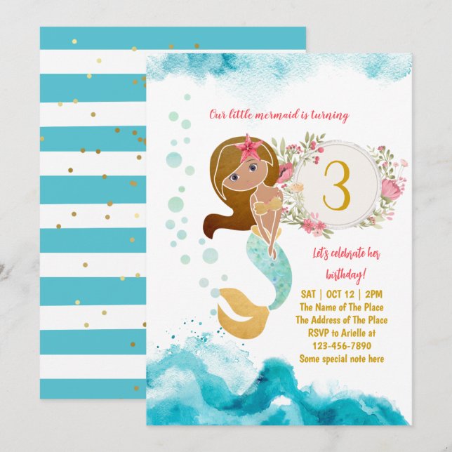 Mermaid Theme Under The Sea Baby Girl 3rd Birthday Invitation (Front/Back)