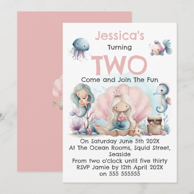 Mermaid Themed 2nd Birthday Invitation (Front/Back)
