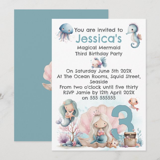 Mermaid Themed 3rd  Birthday Invitation (Front/Back)