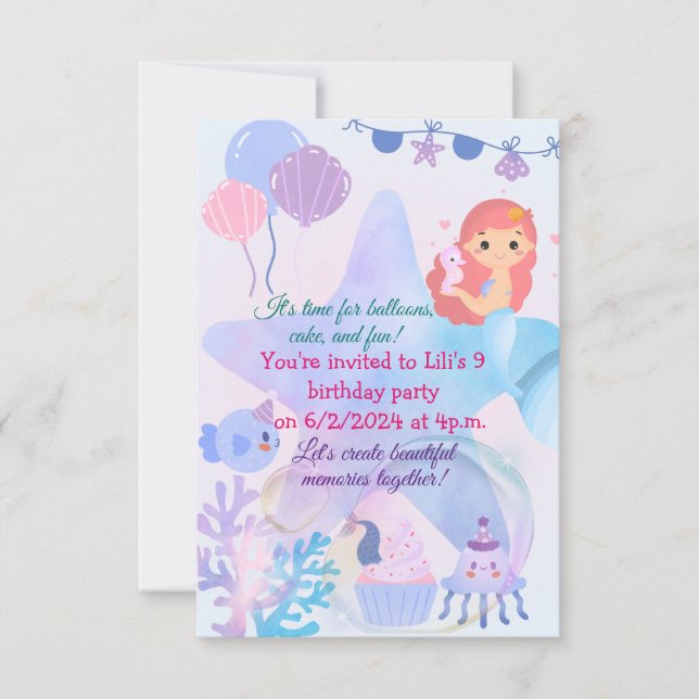 Mermaid Themed  Birthday Bash  Invitation (Front)