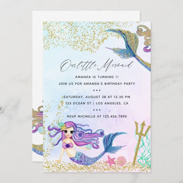 Mermaid themed Birthday Party Invitation (Front/Back)