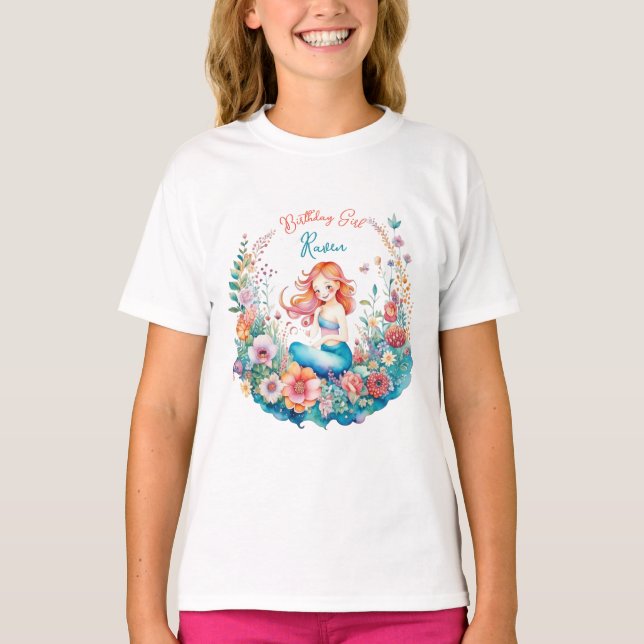 Mermaid Themed Floral Girl's Birthday Birl T-Shirt (Front)