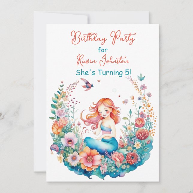Mermaid Themed Floral Girl's Birthday Party Invitation (Front)
