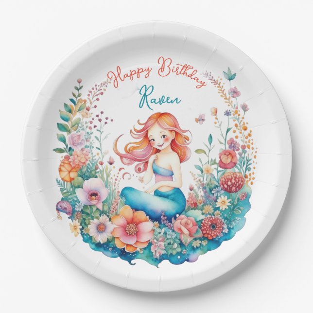 Mermaid Themed Floral Girl's Birthday Party Paper Plate (Front)