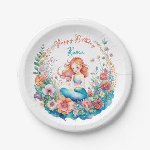 Mermaid Themed Floral Girl's Birthday Party Paper Plate