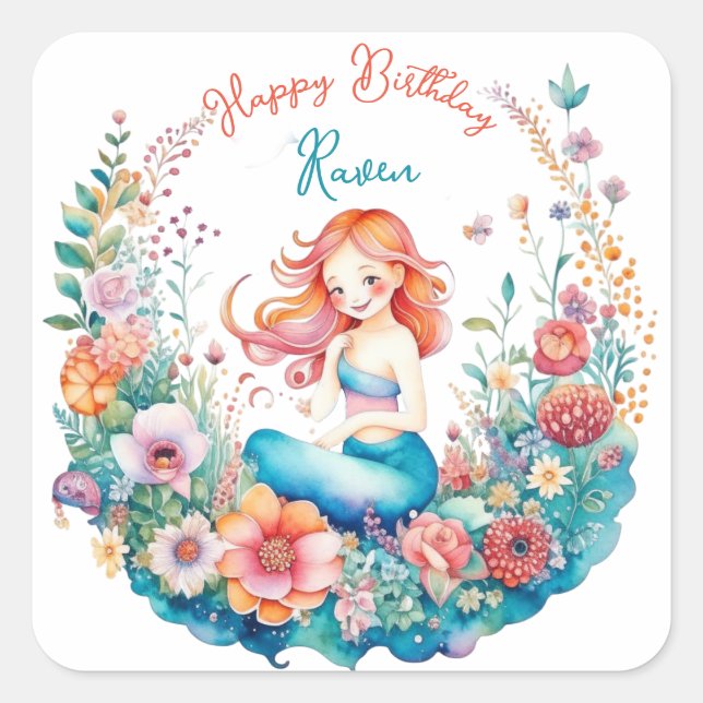 Mermaid Themed Floral Girl's Birthday Party Square Sticker (Front)