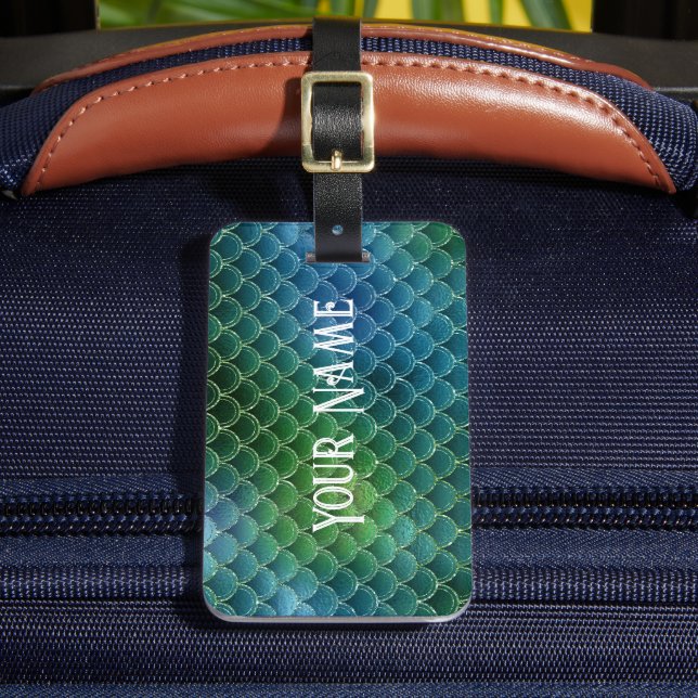 Mermaid Themed Greens and Gold Luggage Tag (Front Insitu 2)