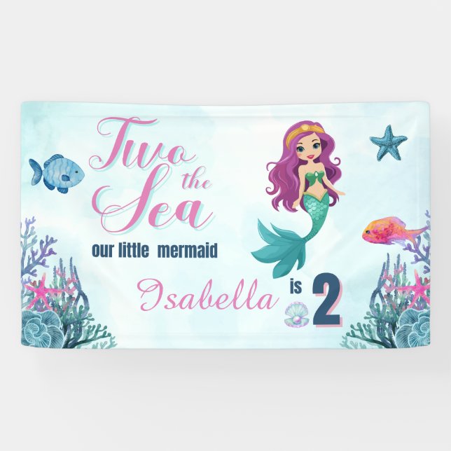 Mermaid Two into the Sea Girls 2nd Birthday Party Banner (Horizontal)