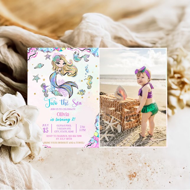 Mermaid Two The Sea 2nd Birthday Party Photo Invitation (Creator Uploaded)