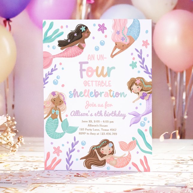 Mermaid Un-Four-Gettable Shellebration Birthday Invitation (Creator Uploaded)