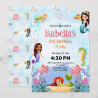 Mermaid Under Sea 5th Birthday Party Invitation