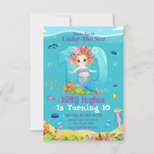 Mermaid Under The Sea 10th Birthday Invitation