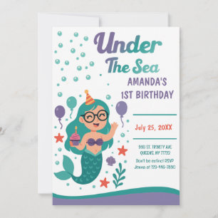 Mermaid Under The Sea 1st Birthday Party  Invitation