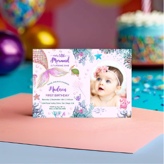 Mermaid Under The Sea 1st Birthday Party Invitation