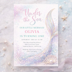 Mermaid Under the Sea 1st Glitter Birthday Invitation