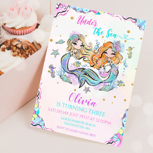 Mermaid Under The Sea 3rd Birthday Party Invitation