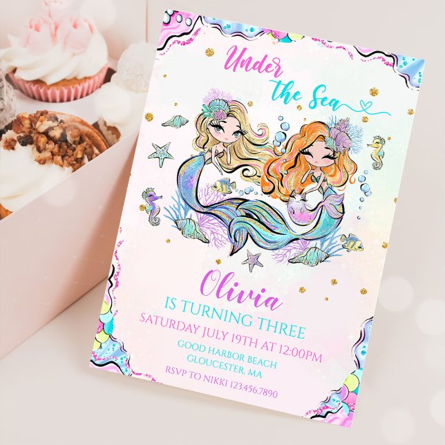 Mermaid Under The Sea 3rd Birthday Party Invitation (Creator Uploaded)