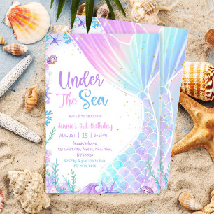 Mermaid Under The Sea 3rd Birthday Party Invitation