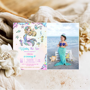 Mermaid Under The Sea 3rd Birthday Party Photo Invitation