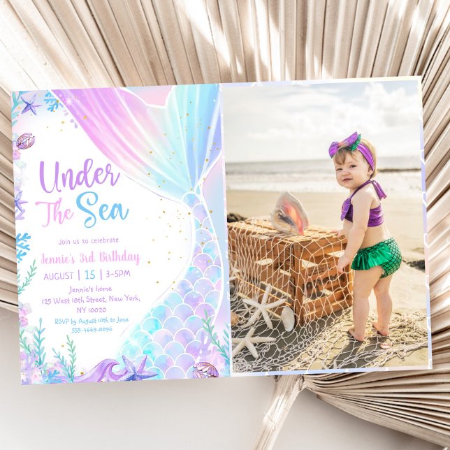 Mermaid Under The Sea 3rd Birthday Party Photo Invitation (Creator Uploaded)
