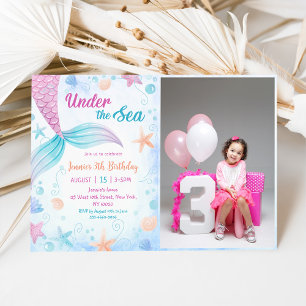 Mermaid Under The Sea 3th Birthday Party Photo Invitation
