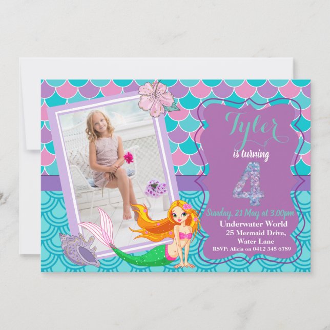 Mermaid Under the Sea 4th Birthday invitation (Front)