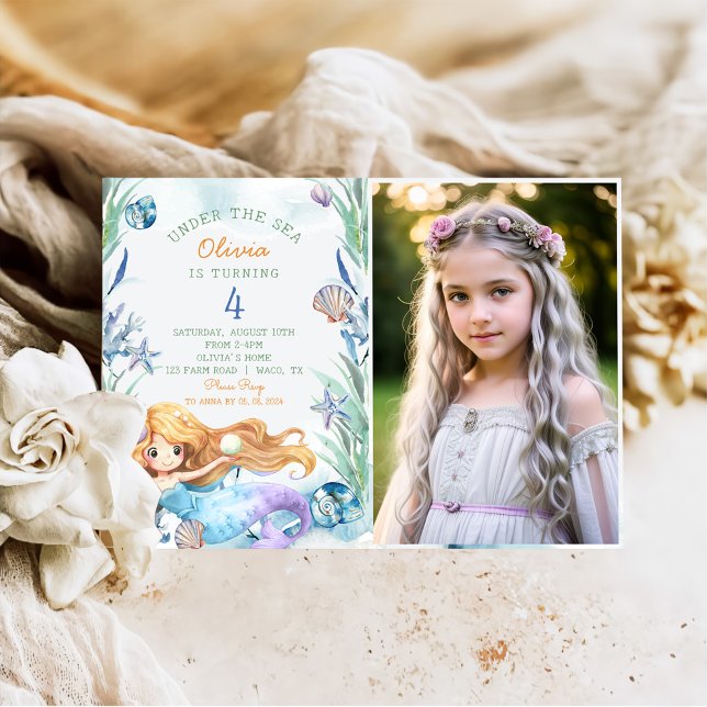 Mermaid Under The Sea 4th Birthday Party Photo Invitation (Creator Uploaded)
