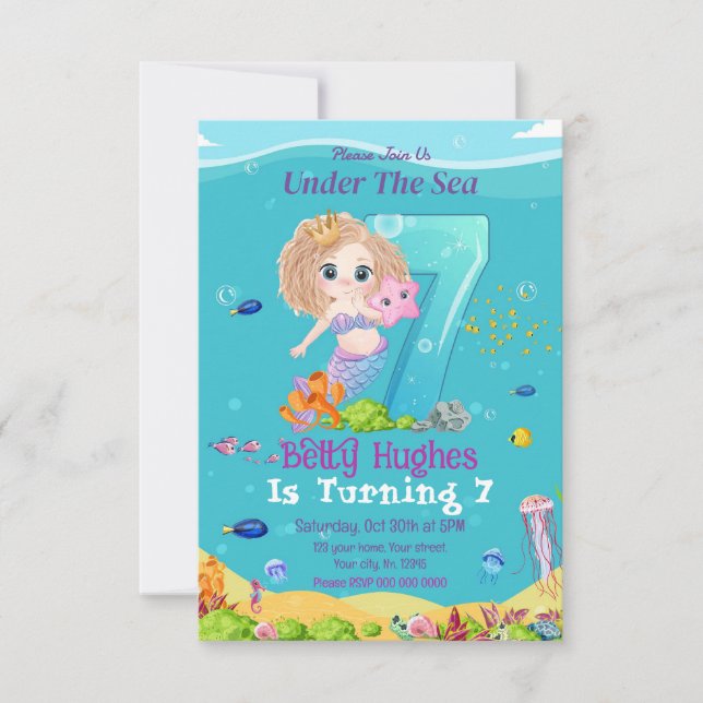 Mermaid Under The Sea 7th Birthday Invitation (Front)