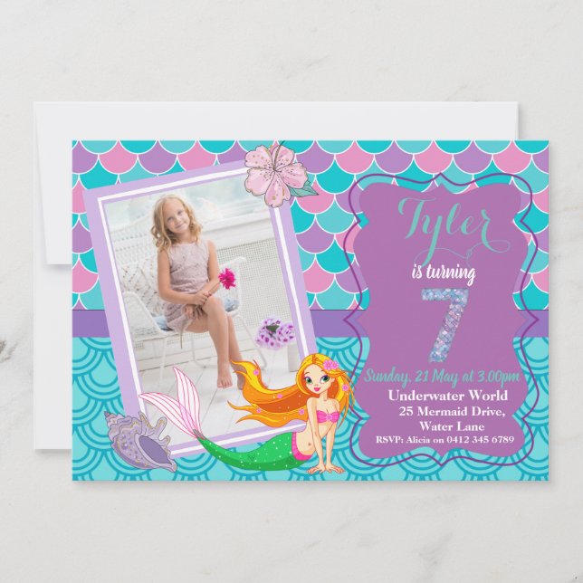 Mermaid Under the Sea 7th Birthday invitation (Front)