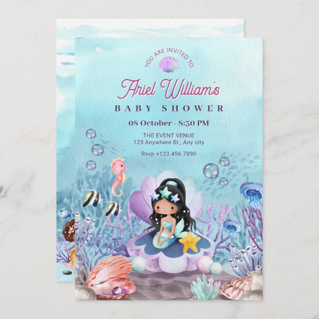 Mermaid under the sea baby shower invitation (Front/Back)