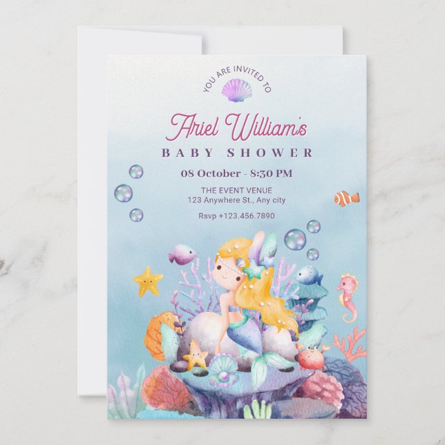 Mermaid under the sea baby shower invitation (Front)