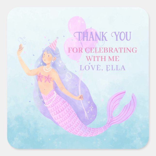 Mermaid Under the Sea Birthday Blue Thank you Square Sticker (Front)