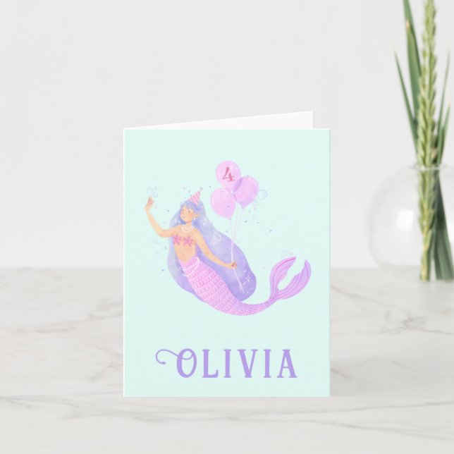Mermaid Under the Sea Birthday Girl Age Blue Party Note Card (Front)