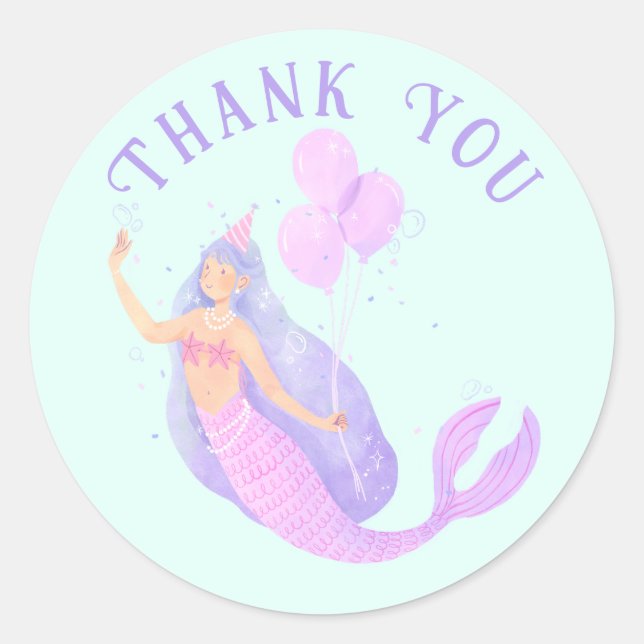 Mermaid Under the Sea Birthday Girl Blue Thank you Classic Round Sticker (Front)