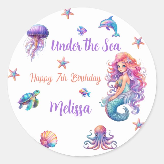 Mermaid Under the Sea Birthday Party Classic Round Sticker (Front)