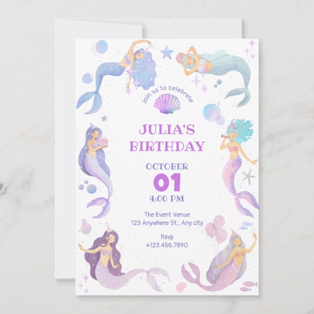 Mermaid under the sea birthday party invitation (Front)