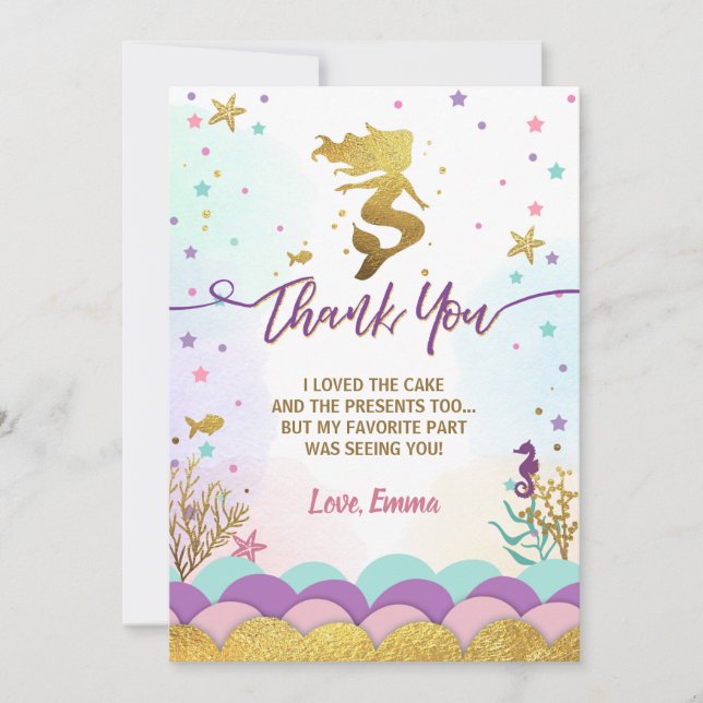 Mermaid Under the Sea Birthday Thank You Card (Front)