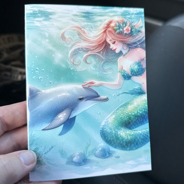 Mermaid Under the Sea Coastal Thank You Card (Mermaid with Dolphin Under the Sea blank notecard stationery)
